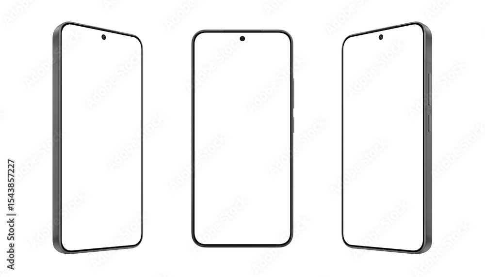 Poster Minimal black phone mockup set with silver frame and empty screens. Ideal for showcasing mobile UX, app concepts, or digital branding