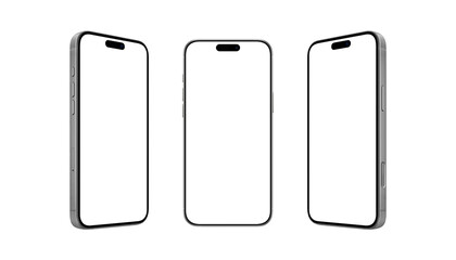 Monochrome mobile phone mockup trio with blank screens. Perfect for UI presentations, app demos, or elegant product design previews