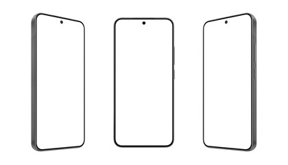 Minimal black phone mockup set with silver frame and empty screens. Ideal for showcasing mobile UX,...