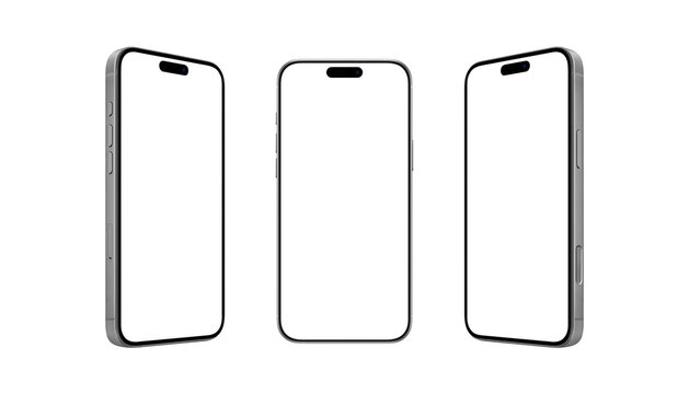 Monochrome mobile phone mockup trio with blank screens. Perfect for UI presentations, app demos, or elegant product design previews