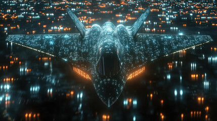 Futuristic jet above a city at night
