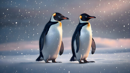 Fototapeta premium Two penguins standing side by side in the snow on a flat icy surface in a cold arctic environment