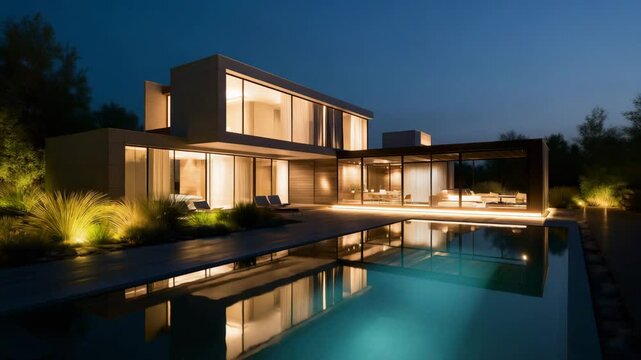 Luxury modern villa with swimming pool at dusk, moving water reflections, stylish architecture video for real estate marketing, luxury lifestyle promotions, architecture and interior design content