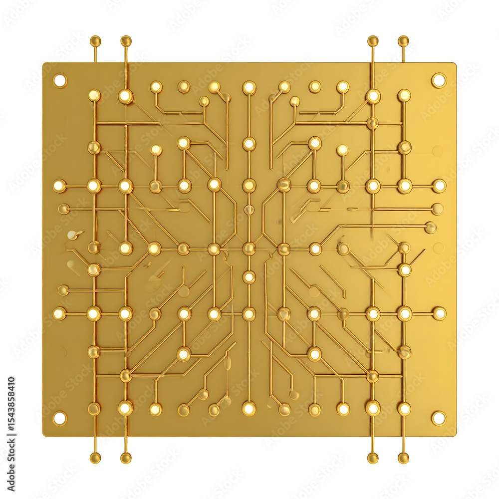 Poster golden circuit board technology background with intricate connections isolated on transparent backgr