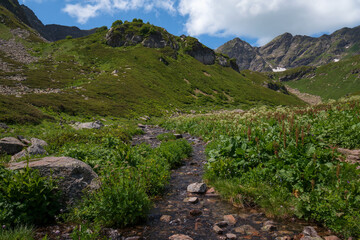 The valley of the Malaya Dukka River on the slopes of the Arkasar ridge in the North Caucasus and...