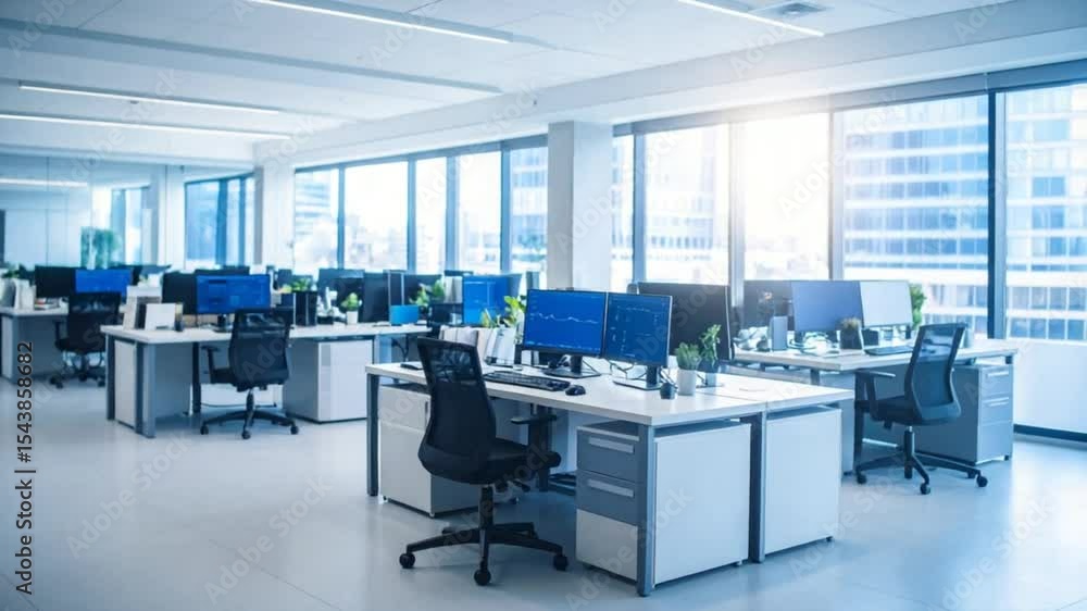 Poster modern office workspace with multiple computer stations