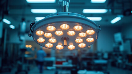 Surgical lighting fixture in operating room.  Blurred background shows medical equipment and personnel