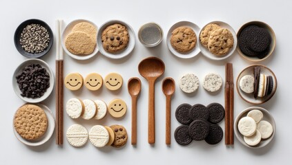 Flatlay of assorted cookies, chocolate chips, wooden spoons, and bowls on a white background