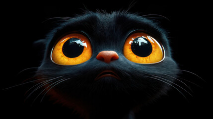 Close-up of a cartoon black cat's face. Large, luminous yellow eyes, a small pink nose, and a slightly surprised expression