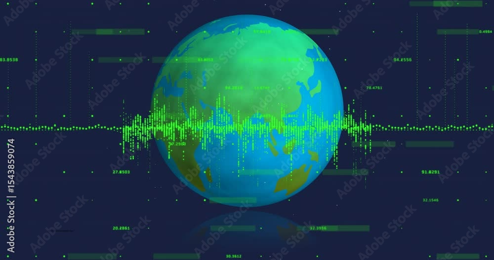 Poster 3d-rendered globe initiating eastward spin, waveform intensifying and bars pulsing visualizing data