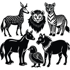 Naklejka premium African Wildlife Silhouette Collection Majestic Lion, Zebra, Antelope, and More
