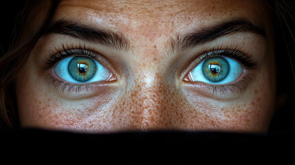 Close-up of wide-eyed woman with freckles