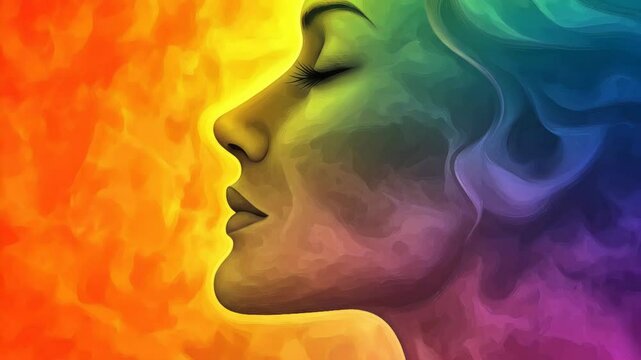 Beautiful abstract woman face profile with colorful rainbow background loop. Great for intros, outros or creative backgrounds