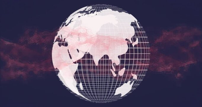 Pink haze appearing around wireframe globe while equatorial band rotates eastward showing 360 spin