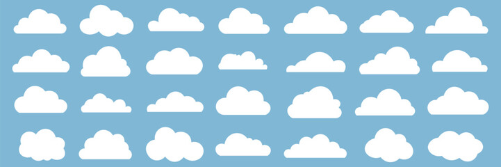 Collection of Cute White Cloud Icons on Light Blue Background Perfect for Weather Apps Designs and Children Illustrations