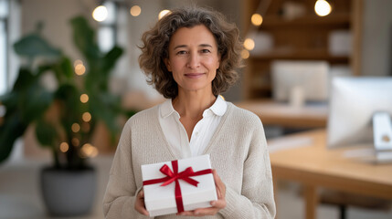 A colleague offering a thoughtful farewell gift to a friend