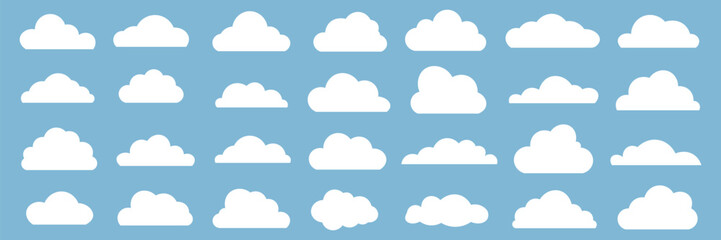 Collection of Cute White Cloud Icons on Light Blue Background Perfect for Weather Apps Designs and Children Illustrations