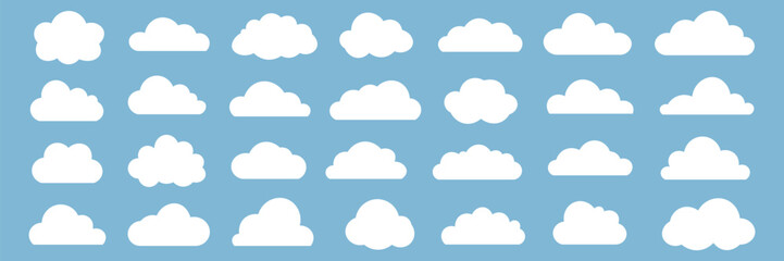 Collection of Cute White Cloud Icons on Light Blue Background Perfect for Weather Apps Designs and Children Illustrations