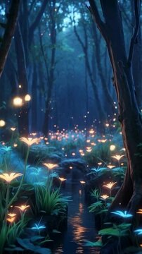 Enchanted Bioluminescent Forest with Glowing Fireflies in a Mystical Fantasy Landscape at Night &mdash; Cinematic 4K Nature Dreamscape

