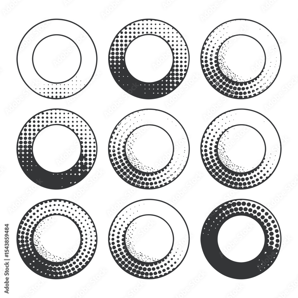 Poster set of nine circular graphic elements with halftone dotted patterns