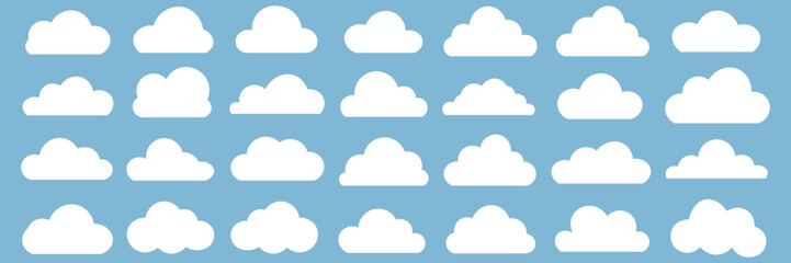 Collection of Cute White Cloud Icons on Light Blue Background Perfect for Weather Apps Designs and Children Illustrations