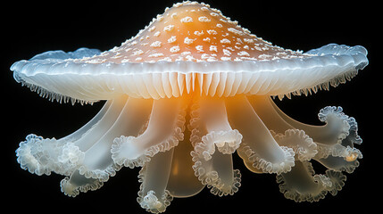 Jellyfish, pale orange dome, lacy white tentacles