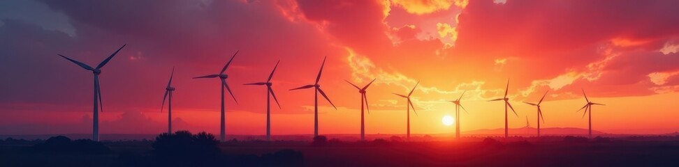 Fototapeta premium Silhouetted wind turbines against a vibrant sunset sky , eolic, serene, tranquil