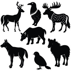 Collection of Elegant Animal Silhouettes Deer, Raven, Moose, Boar, Quagga, and More