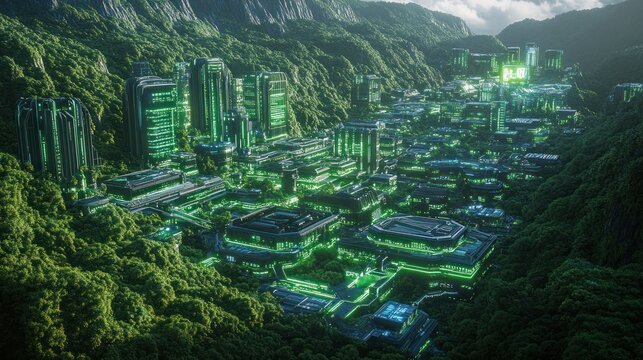 Futuristic city in green forest