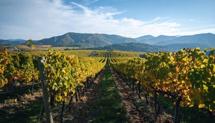 colorful vineyard in autumn, landscape with hills, beautiful sunrise
