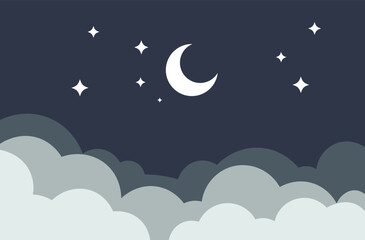 Serene Night Sky Artwork featuring a Crescent Moon and Stars above Soft Clouds