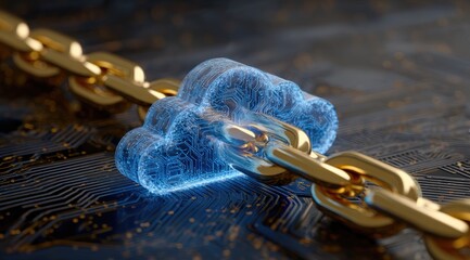Glowing blue cloud icon linked by gold chain on a circuit board, symbolizing secure cloud computing and data connectivity