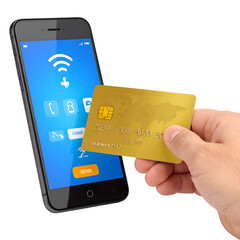 Mobile payment with phone and credit card contactless nfc technology isolated on  transparent background