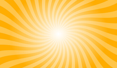 Yellow swirl sunburst background. Orange yellow radial retro glowing rays banner. Abstract retro whirlwind starburst vector abstract background. Twisted radial illustration.