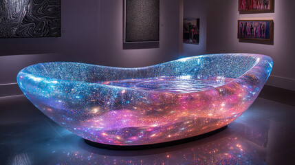 Cosmic, glowing, translucent bathtub in gallery