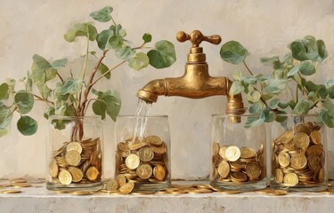 Gold coins in glasses, watered by an antique brass faucet; plants sprout from the glasses, suggesting growth and wealth