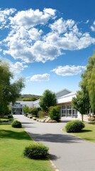 Obraz premium Modern college building on Miami campus with clear blue sky, green grass, and road leading to the entrance in high-resolution capture