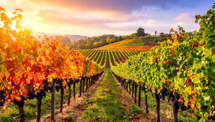 colorful vineyard in autumn, landscape with hills, beautiful sunrise