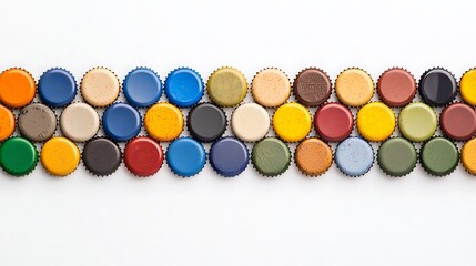 Array of bottle caps of many colors laid on a flat surface