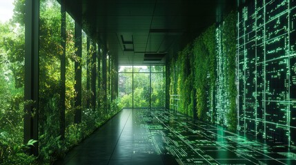 Modern green corridor with digital code