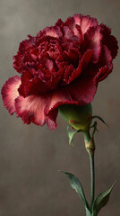 A single dark red carnation flower with a green stem against a neutral background in soft lighting