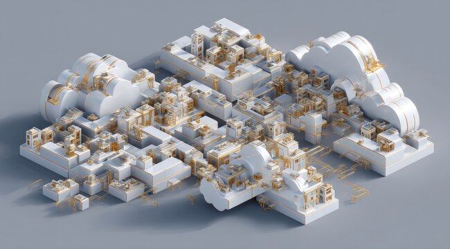 Abstract 3D rendering of a complex, interconnected cityscape composed of white cubic structures and cloud-like forms with gold detailing, suggesting a technological or data-centric theme