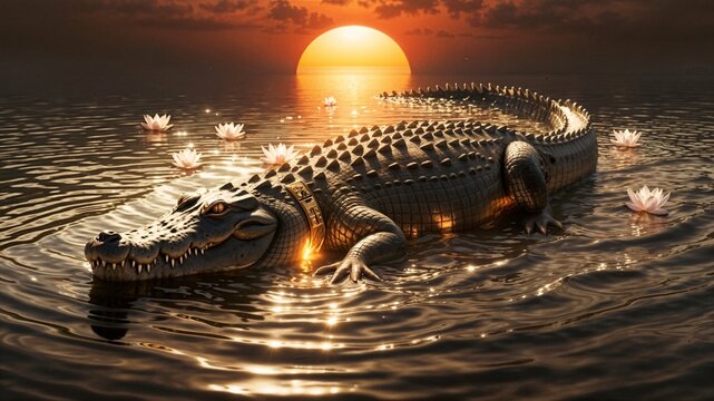 A massive crocodile, adorned with a golden collar, rests serenely in calm waters as the sun sets, casting a warm golden glow across the scene. White water lilies float gently around the crocodile.
