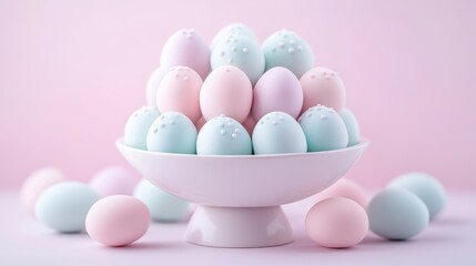 Pastel-colored eggs in a white bowl.