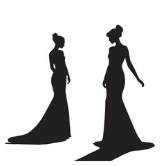 Two elegant women in long evening gowns silhouettes