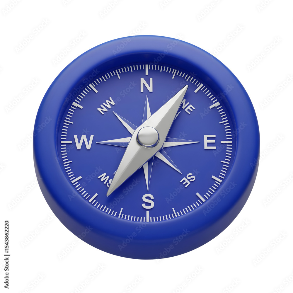 Poster blue 3d compass icon navigation tool isolated on a transparent background direction