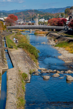 Torii gate, Miyamae Bridge, Miyagawa River, Takayama, Japan