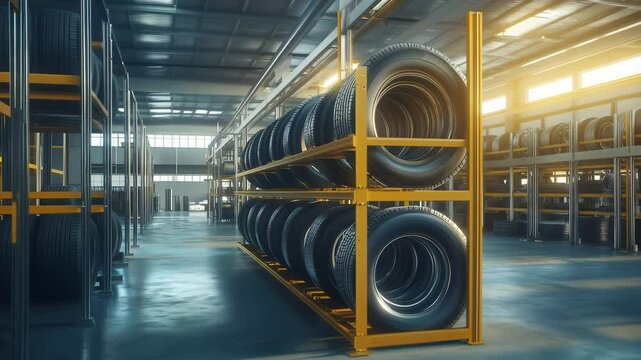 Automobile tires on racks inside a tire warehouse ready for distribution, Tires neatly stacked on storage warehouse	