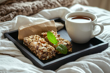 Enjoy a cozy breakfast in bed featuring homemade granola bars, a cup of herbal tea, and a sprig of fresh mint on a warm, inviting blanket