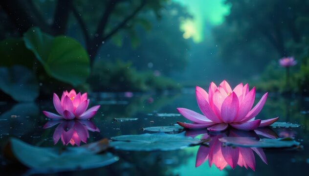 Glowing aurora wisps dance in shimmering water pool surrounded by lotus flowers , aquatic, pool, water